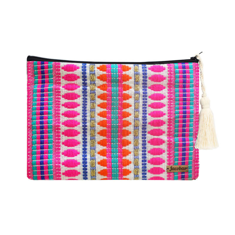 JACOBAS_POCHETTE_TROUSSE_FLUO_ROSE_JACQUARD_BOHEME_ETHNIQUE_POMPON_BRODE_JACOBAS