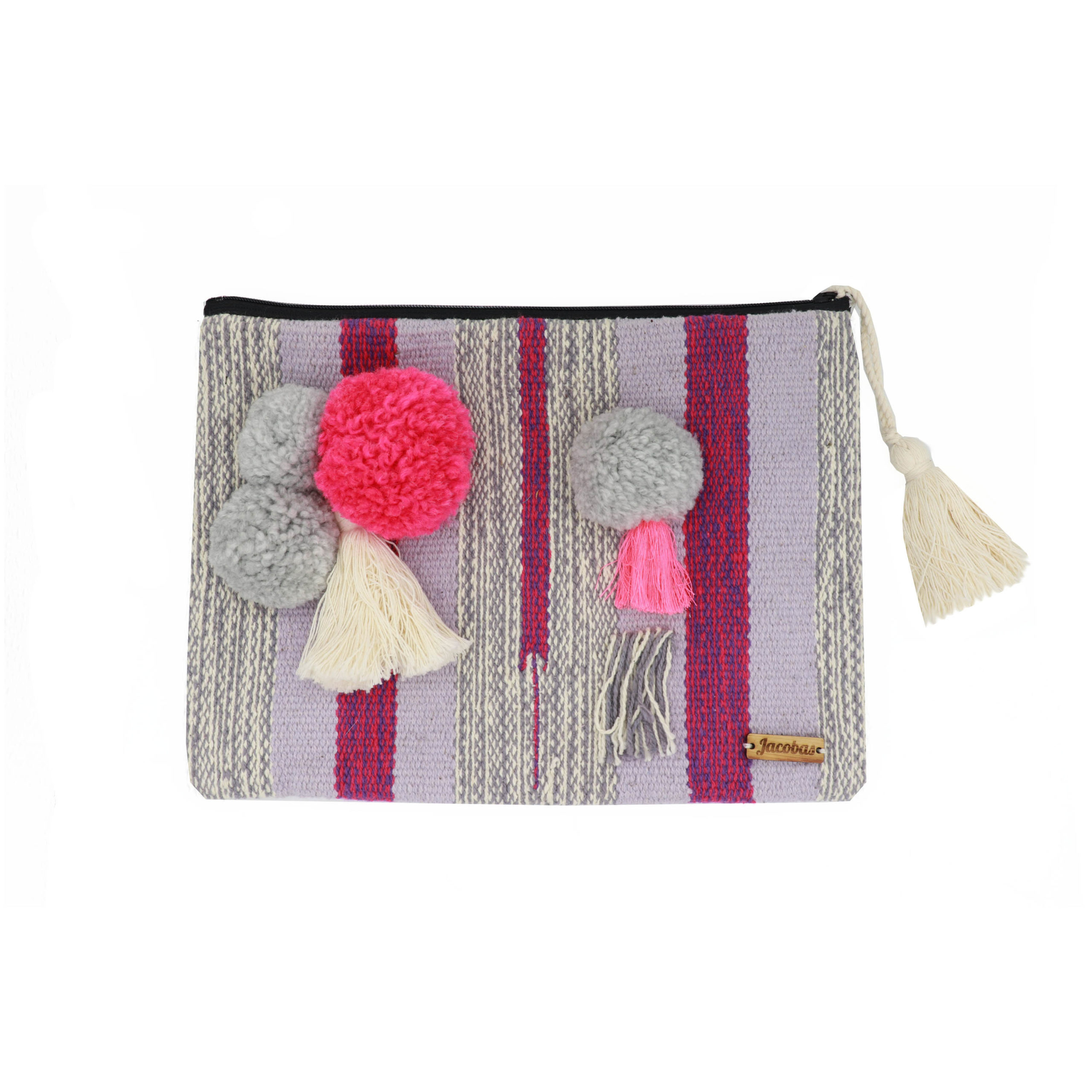 Pochette zippée en raphia noir, pompon rose